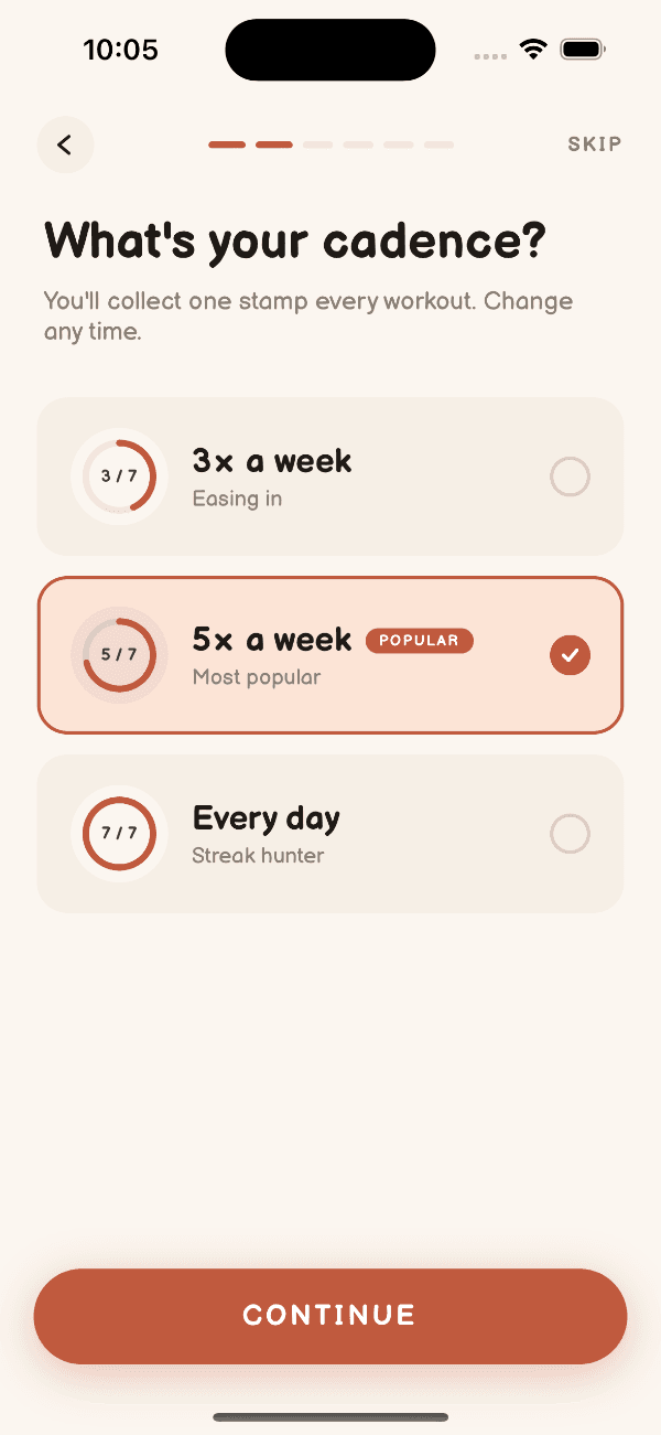 Choose your workout cadence in Stamppress, a no-subscription iPhone fitness app, with three to seven workouts a week