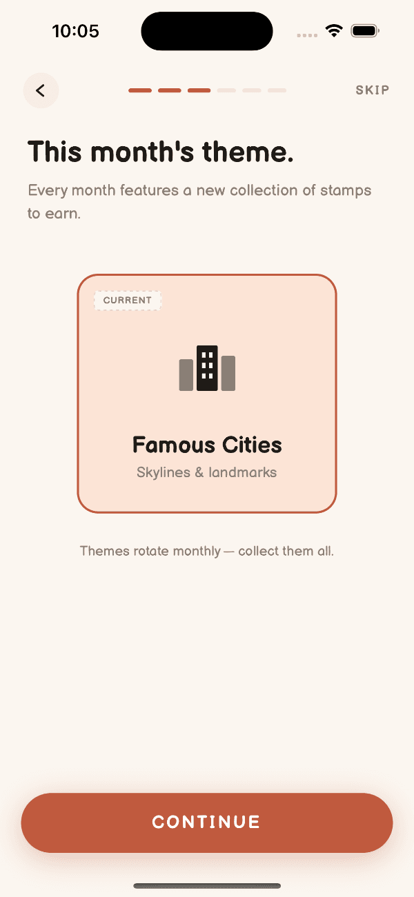 Famous Cities monthly series in Stamppress with hand-drawn illustrated city skylines, an iPhone workout habit tracker